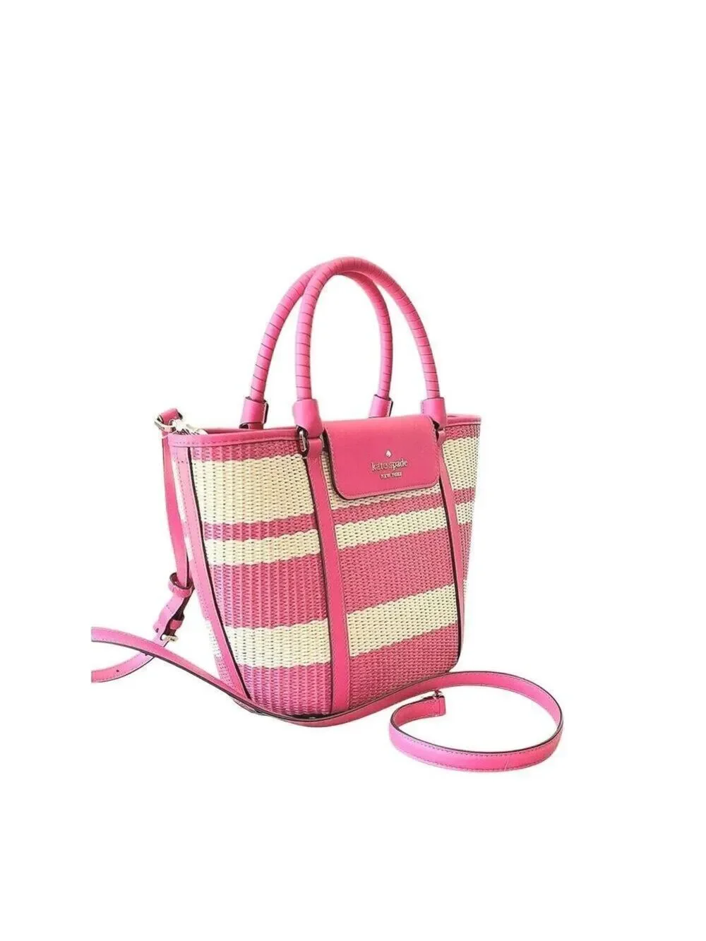 KATE SPADE MEDIUM STRAW / LEATHER CRUISE TOTE IN BIKINI PINK SPRING SUMMER PURSE